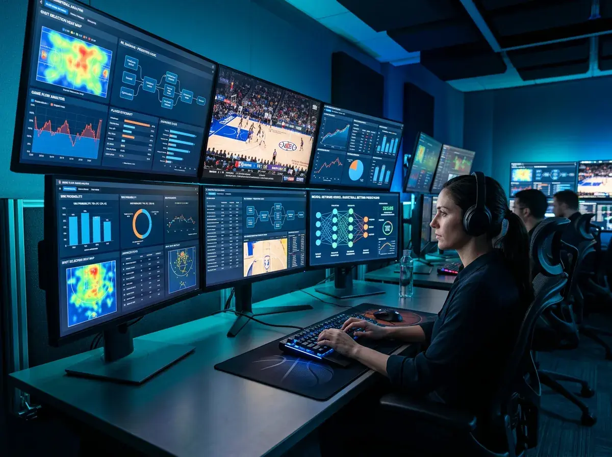 Artificial intelligence system analysing basketball game data on multiple screens