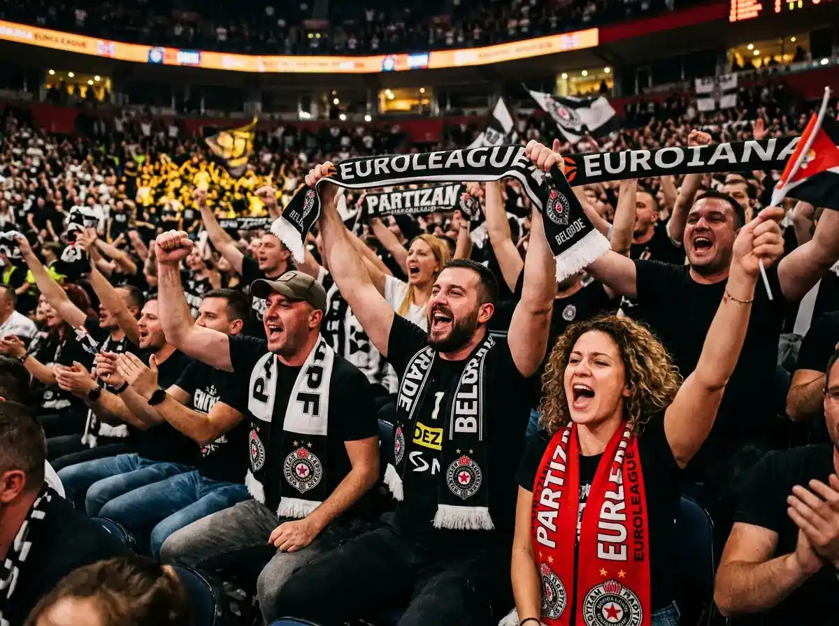 EuroLeague basketball fans creating intense atmosphere in packed European arena