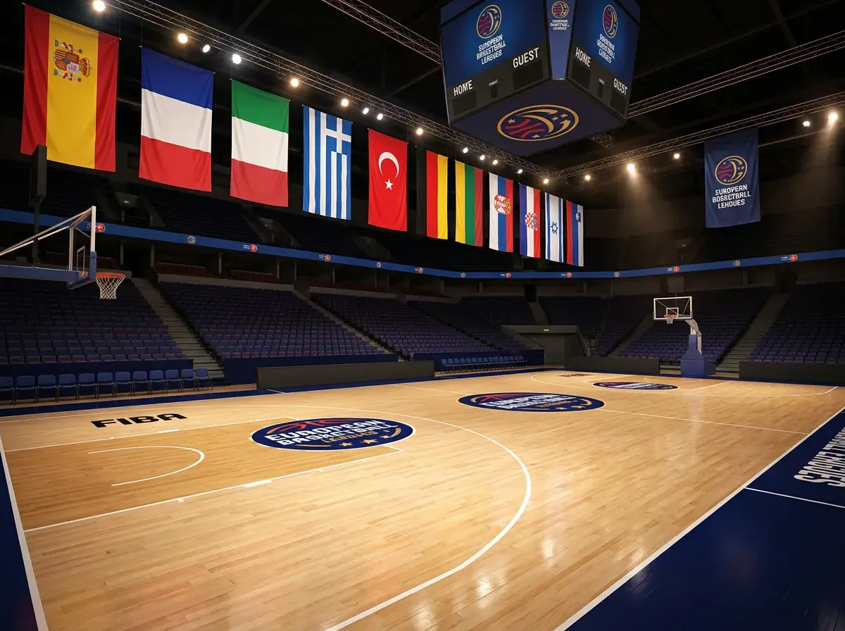 European basketball court with multiple league logos representing continental competitions